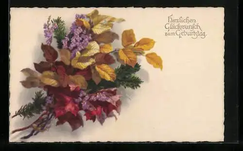 Künstler-AK Meissner & Buch (M&B) Nr. 2410: Tannenzweig mit Blüten, Geburtstagsgruss