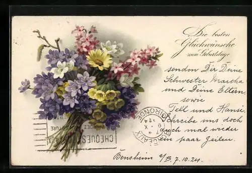 Künstler-AK Meissner & Buch (M&B) Nr. 2335: Blumen im Bund, Geburtstagsgruss