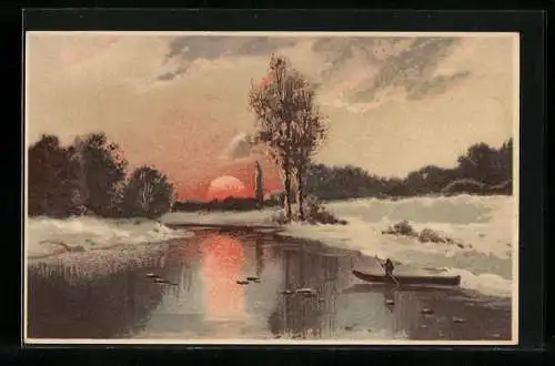 Künstler-AK Meissner & Buch (M&B) Nr. 1536: Winterlandschaft am Bach bei Sonnenuntergang