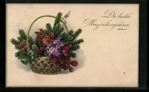 Künstler-AK Meissner & Buch (M&B) Nr. 2307: Korb mit Tannenzweigen und Blüten, Neujahrsgruss