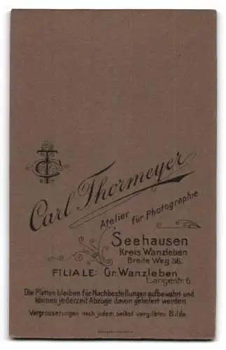 Fotografie C. Thormeyer, Seehausen, Breite Weg 36, Kleinkind auf kunstvoll verziertem Stuhl