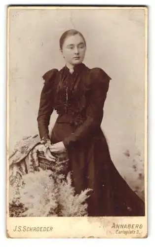 Fotografie J.S. Schroeder, Annaberg, Carlsplatz 3, Elegante Dame in schwarzem Kleid