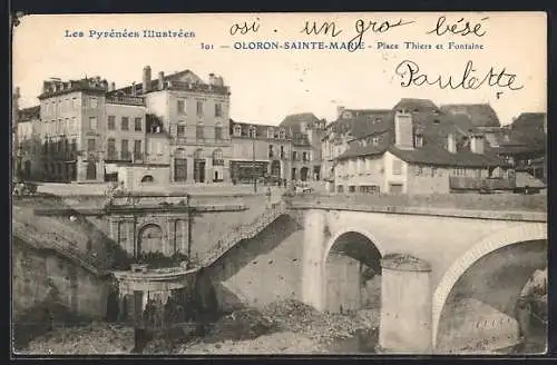 AK Oloron-Sainte-Marie, Place Thiers et Fontaine, Les Pyrénées Illustrées