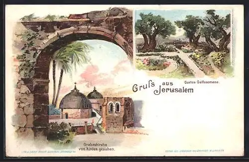 Lithographie Jerusalem, Garten Gethsemane, Grabeskirche von hinten gesehen um 1900