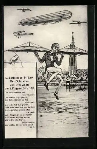 AK Ulm, Schneider Berblinger macht ersten Flugversuch am 31.5.1811, Zeppelin Luftschiff & Flugzeuge über der Stadt