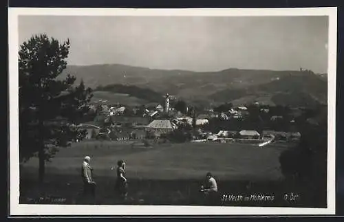 AK St. Veit im Mühlkreis, Ausflügler auf dem Feld vor der Ortschaft