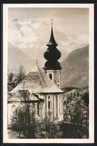 AK Berchtesgaden, Maria-Gern am Funten-See, KIrche mit Grünseetauern und Schönfeldspitze