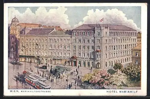 Künstler-AK Wien, Hotel Mariahilf, Marihilferstrasse 121, Strassenbahn