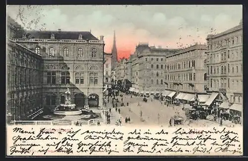 AK Wien, Kärntnerstrasse mit Geschäften und Brunnen