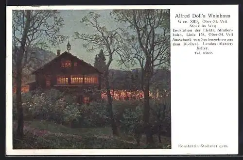 Künstler-AK Wien, Ober-St.-Veit, Weinhaus Alfred Doll bei Nacht