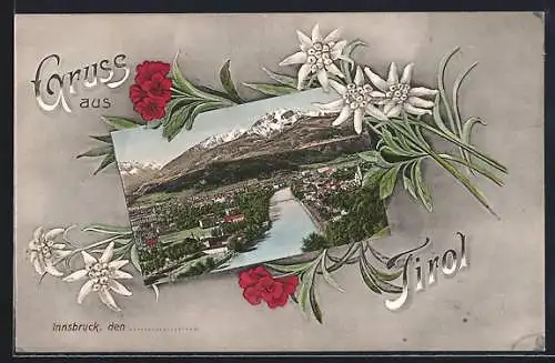 AK Innsbruck /Tirol, Teilansicht von der Weiherburg aus, Edelweiss, Passepartout