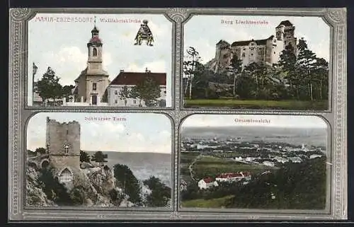 AK Maria-Enzersdorf, Wallfahrtskirche, Burg Liechtenstein, Schwarzer Turm