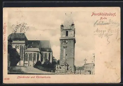 AK Perchtoldsdorf /N.-Oe., Pfarrkirche und Türkenturm