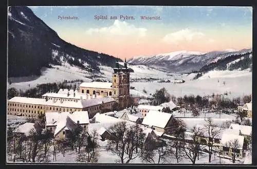 AK Spital am Pyhrn, Ortspartie mit Kloster und Pyhrnbahn im Winter