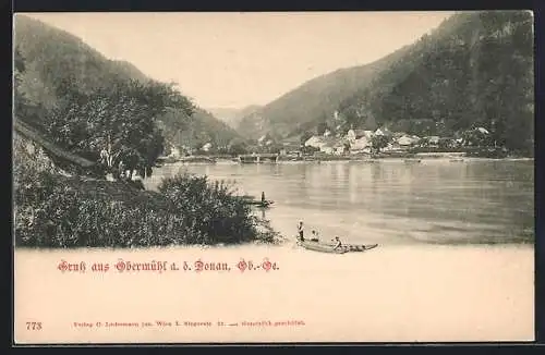 AK Kirchberg ob der Donau, Obermühl a. d. Donau, Ortsansicht mit Flusspartie & Boot