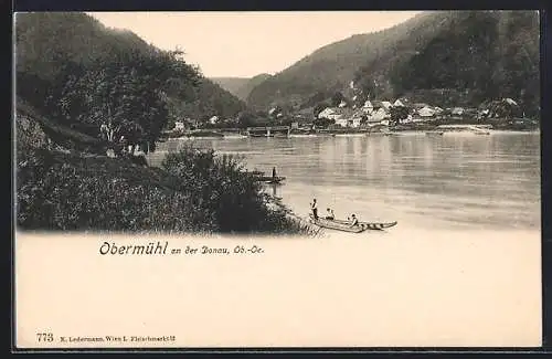 AK Kirchberg ob der Donau, Obermühl an der Donau, Ortsansicht mit Flusspartie