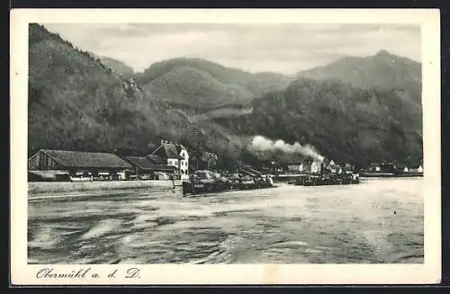 AK Kirchberg ob der Donau, Obermühl, Dampfer auf der Donau, Ortsansicht