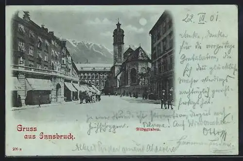 Mondschein-AK Innsbruck, Burggraben mit Passanten