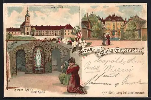 Lithographie Maria-Enzersdorf, betende Frauen in der Lourdes Grotte der Kirche, Alte Kirche und Schloss Hunyady