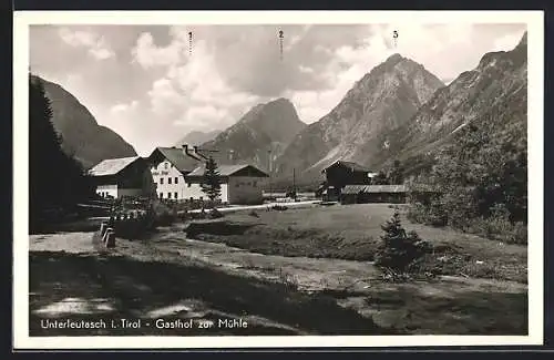 AK Leutasch /Tirol, Unterleutasch, Gasthof zur Mühle mit Gebirgspanorama