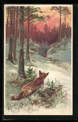 Lithographie Fuchs schleicht sich an, Wanderer im Wald bei Dämmerung