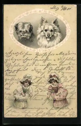 Lithographie Portrait Spitz und Terrier, Zwei kleine Mädchen