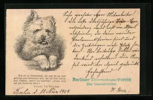 Lithographie Terrier mit aufgestützten Vorderpfoten, Berliner Tierschutz-Verein