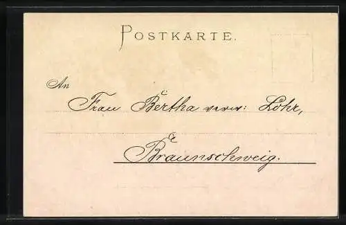 Lithographie Blühender Zweig mit fliegendem Käfer und fliegender Biene, Geburtstagsgruss
