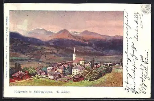 Künstler-AK Hofgastein, Blick zum Ort mit Gebirgspanorama