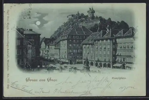 Mondschein-AK Graz, Hauptplatz aus der Vogelschau