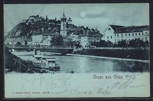 Mondschein-AK Graz, Flusspartie mit Dampfer, Ortsansicht