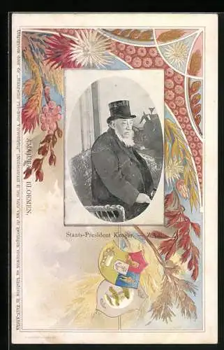 Lithographie Staats-President Kruger mit Zylinder, florales Passepartout