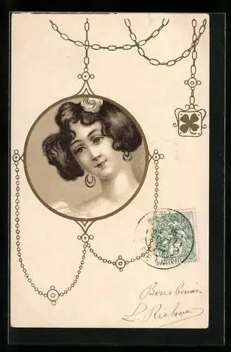 Lithographie Portrait einer jungen Frau in einem Anhänger, Jugendstil