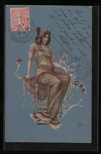 Präge-AK Junge Frau im goldenen Kleid auf einem Stuhl, Jugendstil