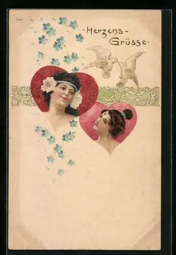 AK Herzensgrüsse, Frauenportraits in Herzen, turtelnde Tauben, Jugendstil