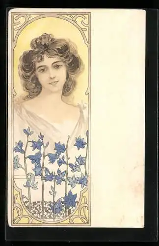 AK Junges Mädchen in Gewand hinter einer Reihe von Blumen, Jugendstil