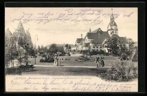 AK Leipzig, Zoologischer Garten, Hautpgebäude Südseite und Parkanlagen