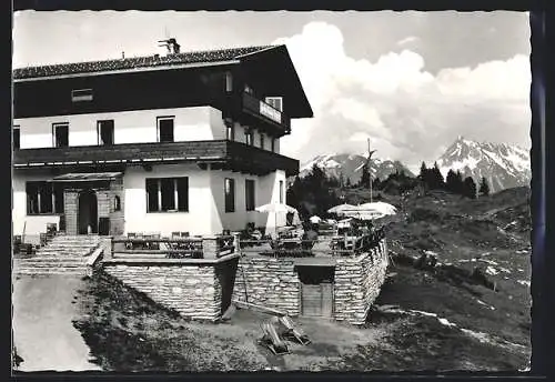 AK Mayrhofen, Penken, Gasthof-Pension Bergrast, Blick gegen Brandbergkolm