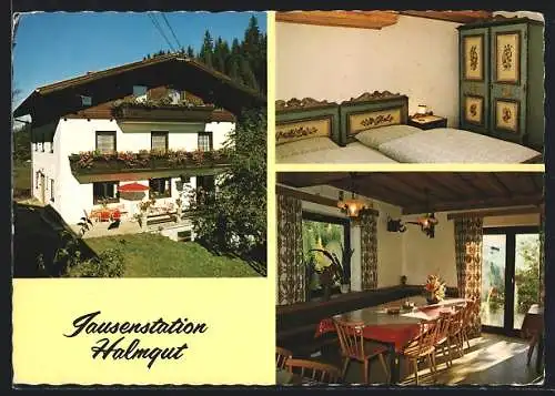 AK Eben i. Pg., Gasthof Jausenstation Halmgut der Fam. Unterberger mit Schlafzimmer und Gaststube