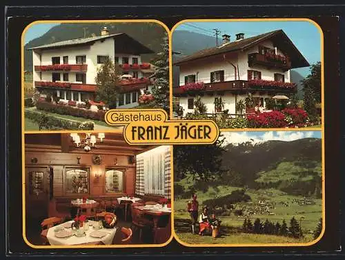 AK Ried im Zillertal, Das Gasthaus Franz Jäger mit Innenansicht und Bergpanorama