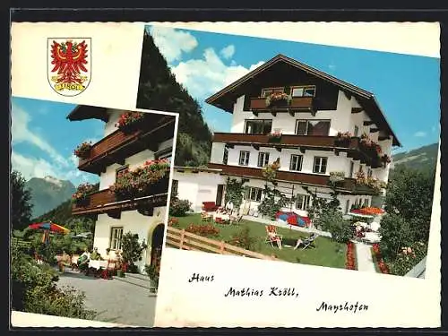 AK Mayrhofen /Zillertal, Die Pension Haus Mathias Kröll mit Terrasse, Tiroler Wappen