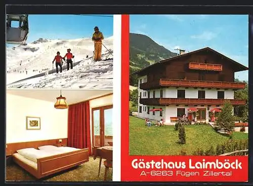 AK Fügen /Zillertal, Das Gasthaus Laimböck mit Schlafzimmer, Hochfügenerstrasse 30, Skifahrer auf der Piste