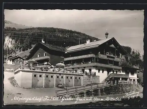 AK Gerlos-Gmünd, Alpengasthof Kröller mit Terrasse und Garagen