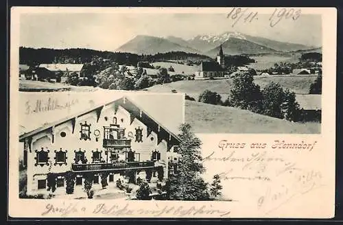 AK Henndorf /Wallersee, Gasthof mit Leuten auf dem Balkon, Partie am Ortsrand mit Kirche