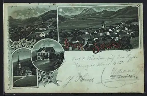 Mondschein-Lithographie Selzthal, Hotel Huber, Kirche, Ortsansicht