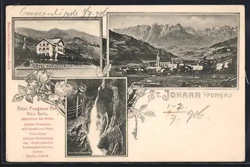 AK St. Johann i. Pongau, Hotel Pongauer Hof von A. Reich, Ortsansicht, Liechtensteinklamm