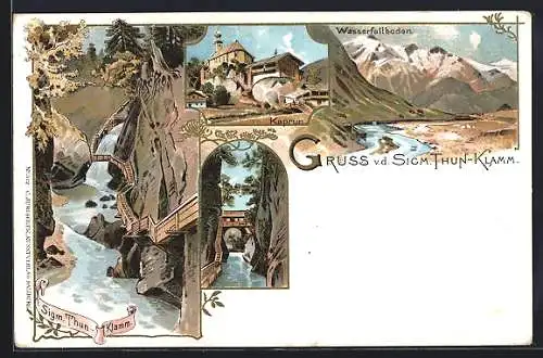 Lithographie Kaprun, Sigm. Thun-Klamm, Wasserfallboden, Blick durch die Schlucht