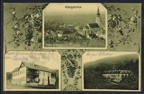 AK Königstetten, Rekonvaleszentenheim, Teilansicht mit Kirche, Passepartout mit Trauben und Rosen