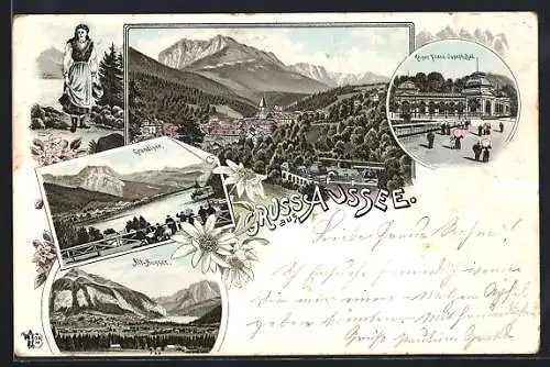 Lithographie Aussee, Kaiser Franz Joseph-Bad, Grundlsee, Ortsansicht