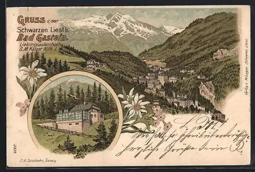 Lithographie Bad Gastein, Gasthaus zur Schwarzen Liesl, Panorama mit Ort und Bergen